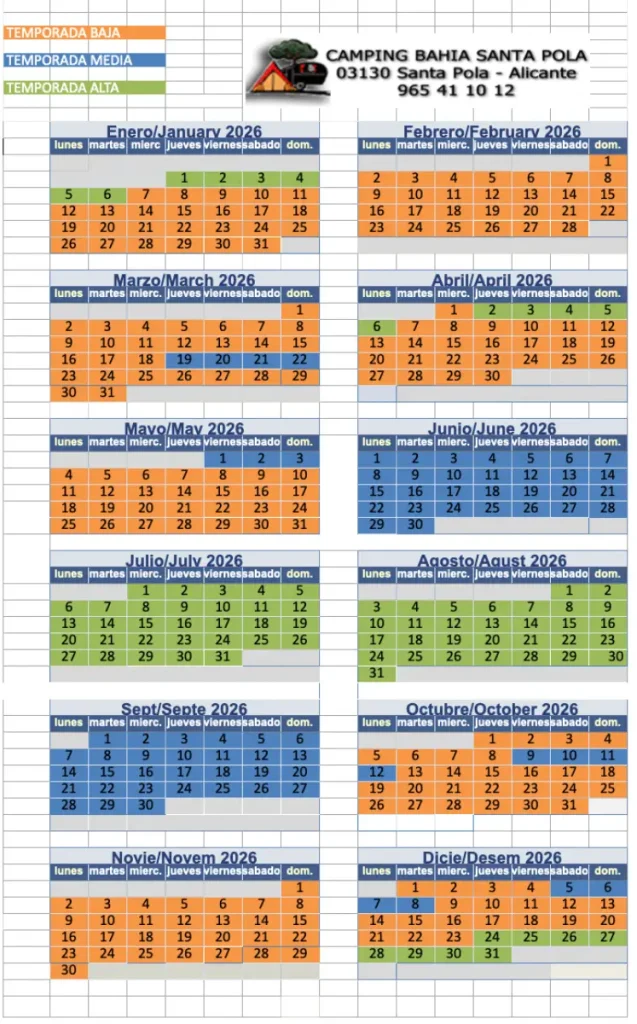 Calendario Temporada Camping Santa Pola 2026